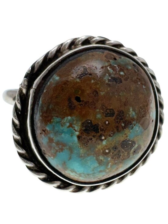 Artisan Made Jewelry - Sterling Silver Ring Turquoise Cabochon Twisted Rope Size 8 Artisan-Made Vintage